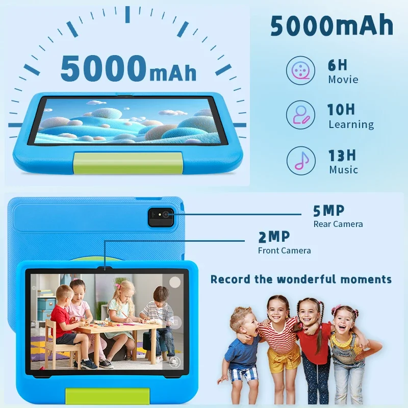 تابلت للأطفال، تابلت 10.1 بوصة يعمل بنظام أندرويد 15 للأطفال، وذاكرة وصول عشوائي 8 جيجابايت وذاكرة قراءة فقط 64 جيجابايت وبطارية 5000 مللي أمبير في الساعة مع تحكم في الوالدين، وكاميرا مزدوجة