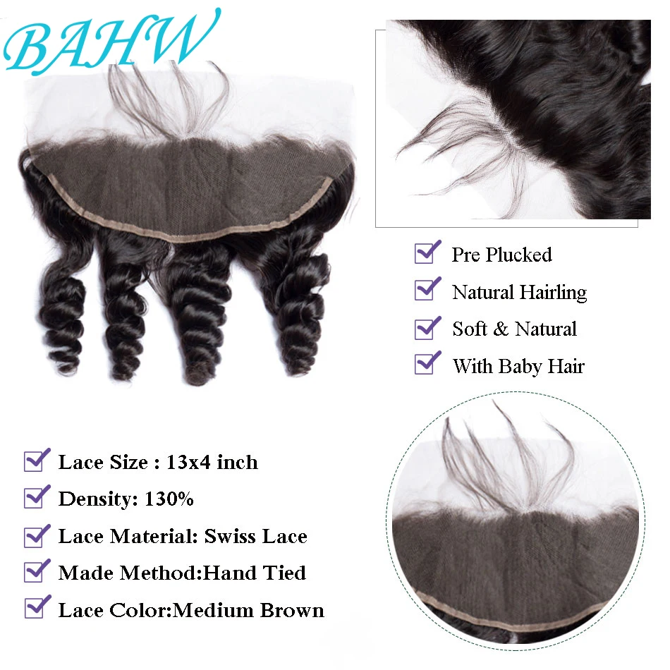 Pacotes de cabelo humano de onda solta indiana com fechamento frontal do laço, extensões de cabelo virgem, cor natural, 3/4 Pacotes