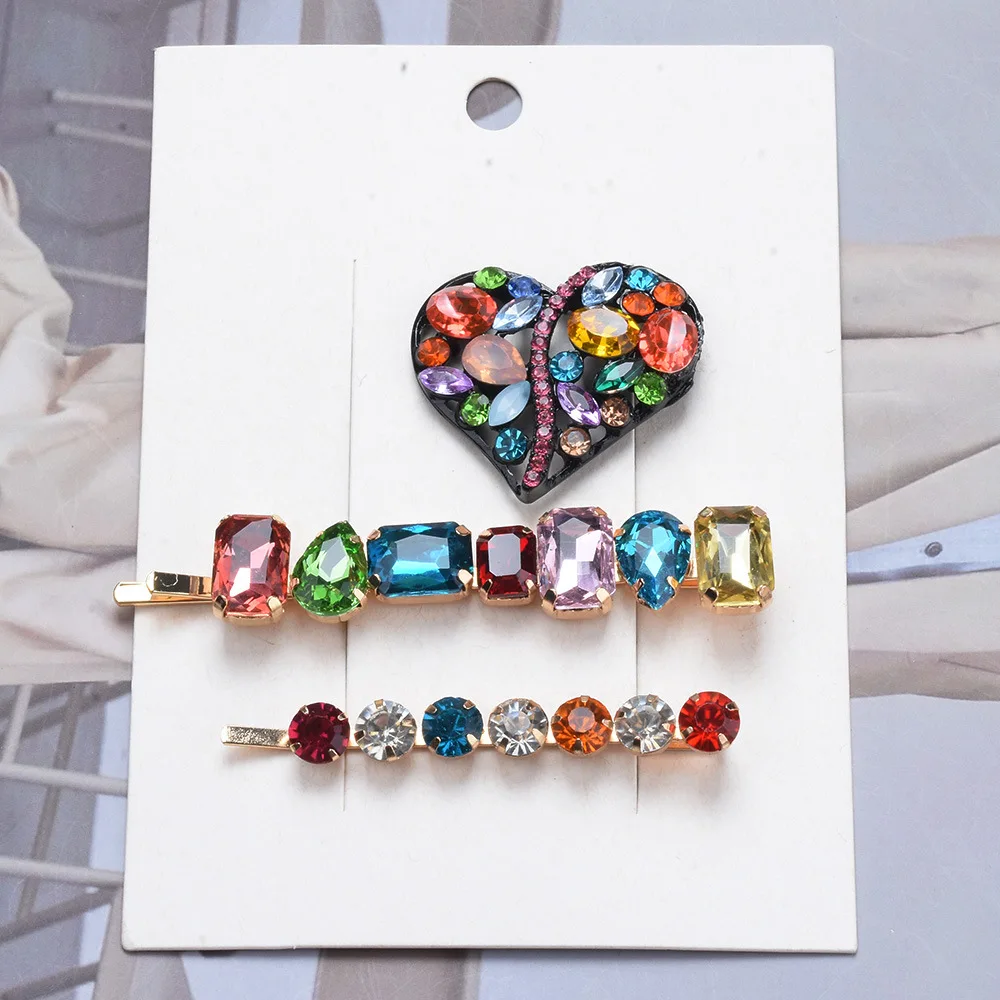 Luxury Hair Pin Jewelry Set Barrette Accessories Rainbow Gem Stone Crystal Rhinestone Heart Shaped Hair Clips for Women Girls