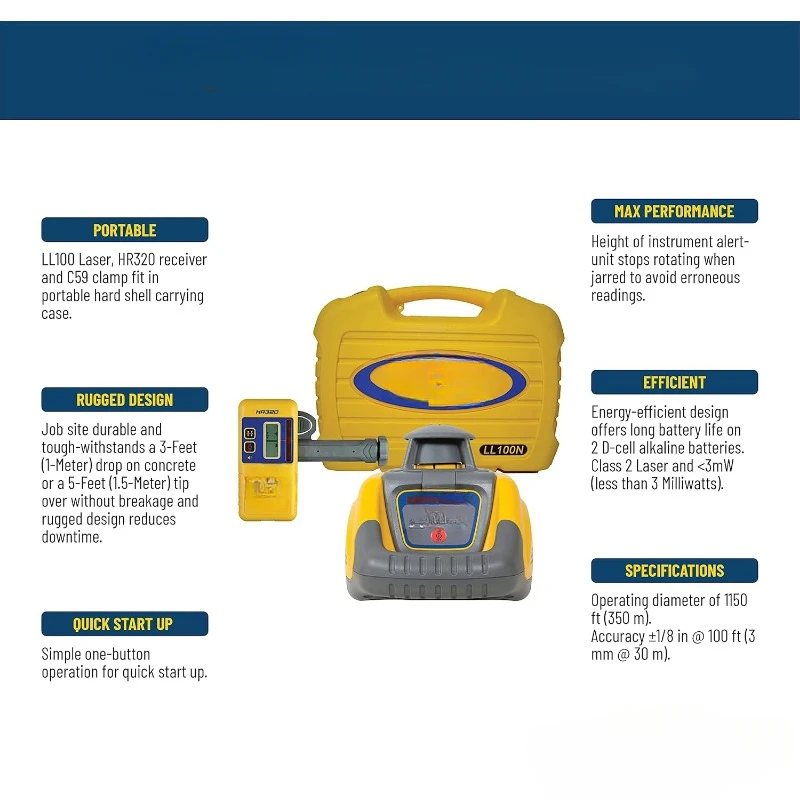 LL100N Laser Level, Self-Leveling laser with HR320 Receiver, C59 Rod Clamp, Alkaline Batteries, Carry Case , Yellow