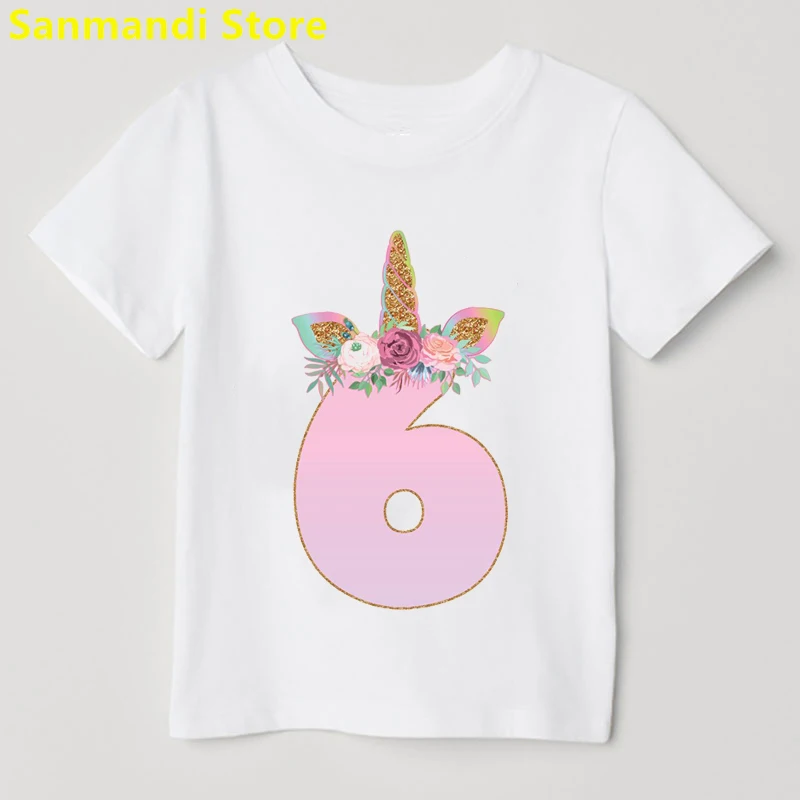 New Pink Flowers Unicorn Print T-Shirt Girls 2th-9th Birthday Gift For Girls Tshirt Kawaii Childrens Clothing Funny T Shirt Girl