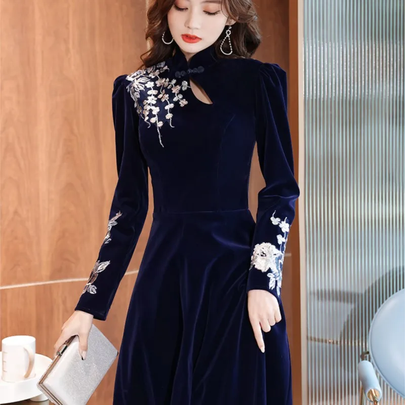 Elegante vestido de manga comprida para mulheres, banquete chinês, atmosfera azul, vestido longo novo