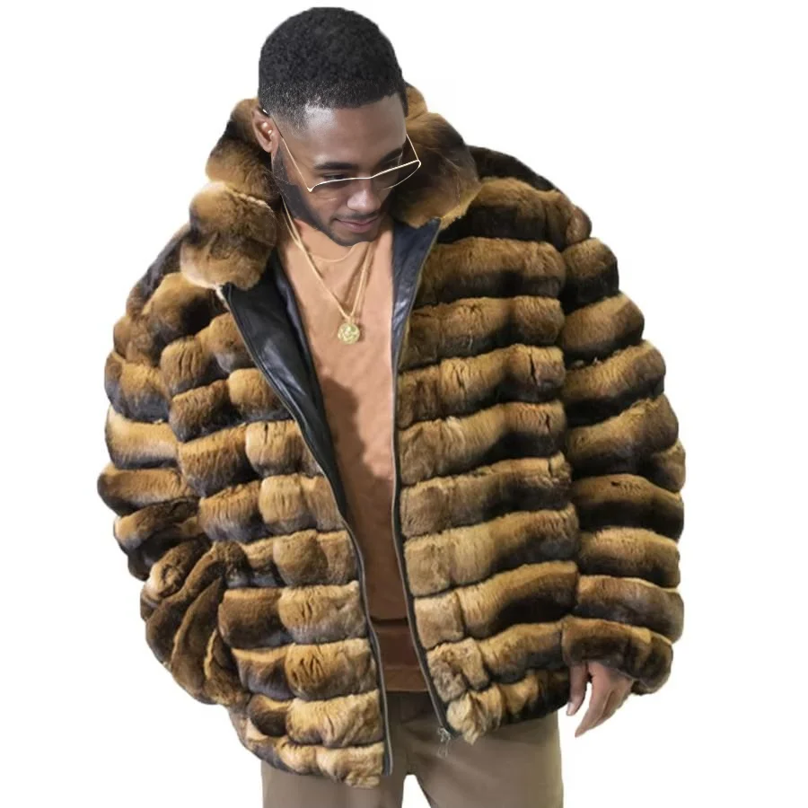 

Winter Jacket For Man Real Rex Rabbit Fur Coat With Zipper Luxury Brand Chinchilla Fur Coat Men
