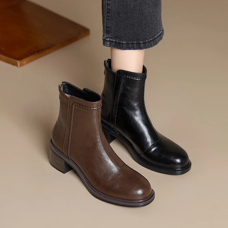 2026 new winter women ankle boots natural leather plus size 22-26cm cowhide round toe thick heel retro back zip short boots