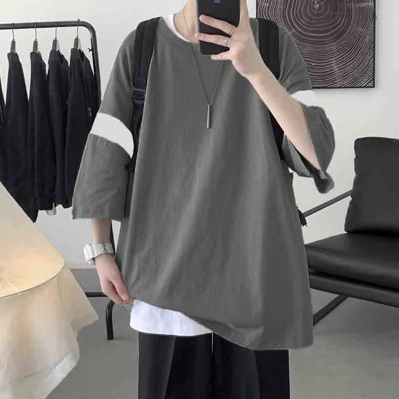 Summer Spliced Hit Color Short Sleeve Men Sweatshirt 2xl 3xl Oversized Harajuku Casual Couples T Shirt Top Black White Grey Blue