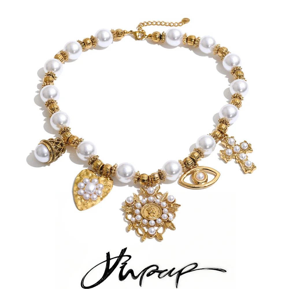 Yhpup New Arrivals Handmade Jewelry Stainless Steel Simulated Pearls Beads Chain Heart Eye Cross Drop Charm Statement Necklace