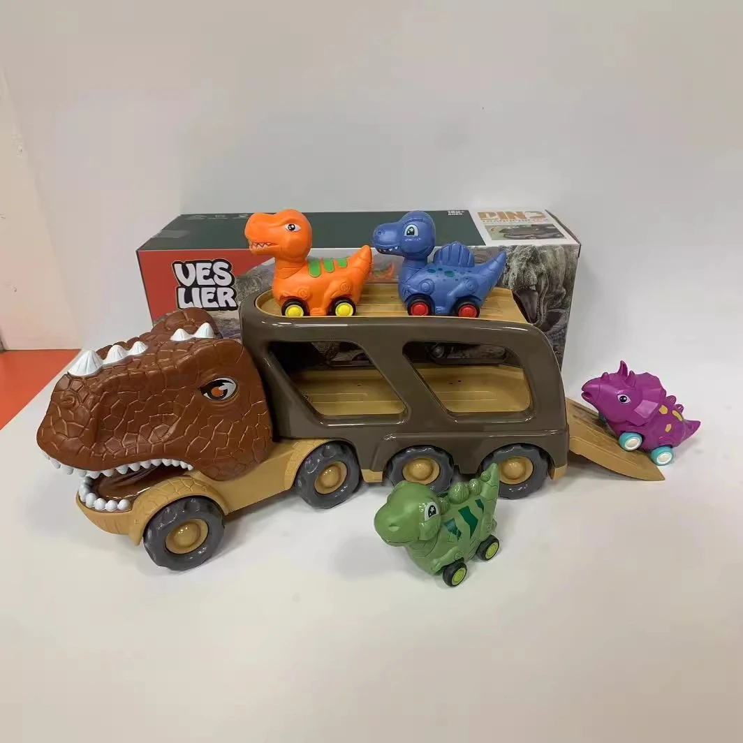 New Double-Decker Dinosaur Tractor Trailer Children'S Press Sound And Light Transportation Car Dinosaur Car Set Toys Smooth Gift