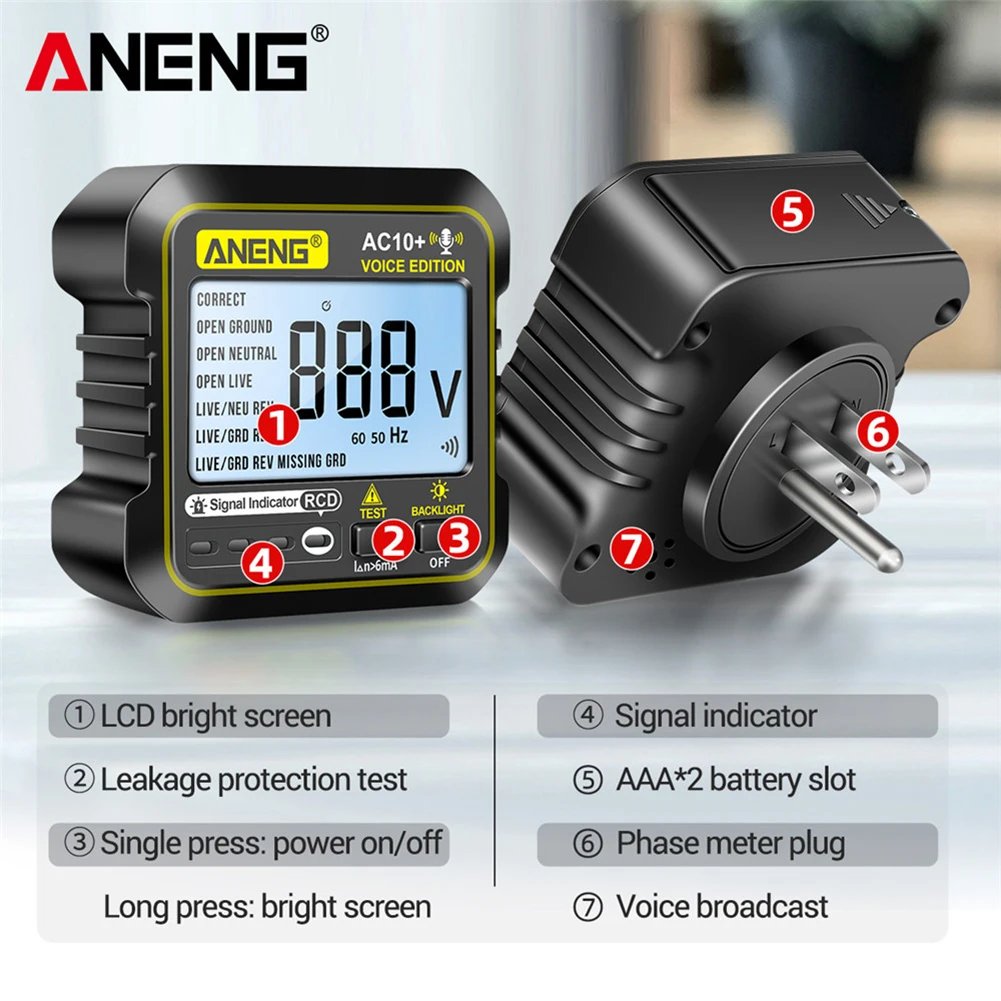 ANENG AC10 Socket Tester Leakage Protection RCD 110V/220V Electroscope Smart Voice Report Multimeter Digital Tester US/EU Plug