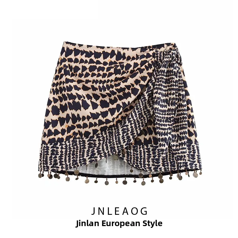 JNLEAOG Summer New Women's High Waist Printed Beaded Double Breasted Skirt Fashion Design Versatile Half-length Skirt