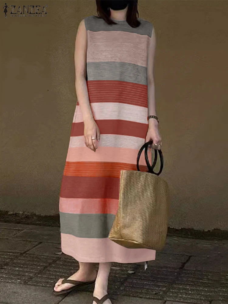 ZANZEA Casual Women's Sleeveless Long Dress 2025 Summer Fashion Color-Blocked Stripes O Neck Tank Vestidos Vacation Maxi Robes