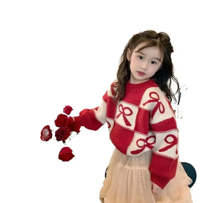 Girls Red Sweater Thickened 2024 Autumn and Winter New Style Children\'s Knitwear Children\'s Christmas New Year Line Clothing