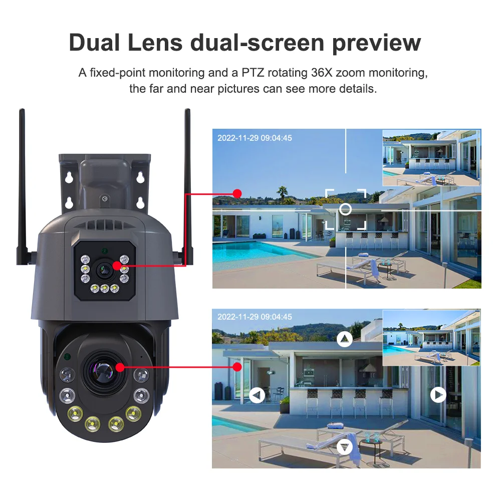 4K 8MP WiFi IP Camera 50X Optical Zoom Dual Screens Outdoor PTZ Security Cam Human Detection Video Surveillance 4G Cameras iCSee