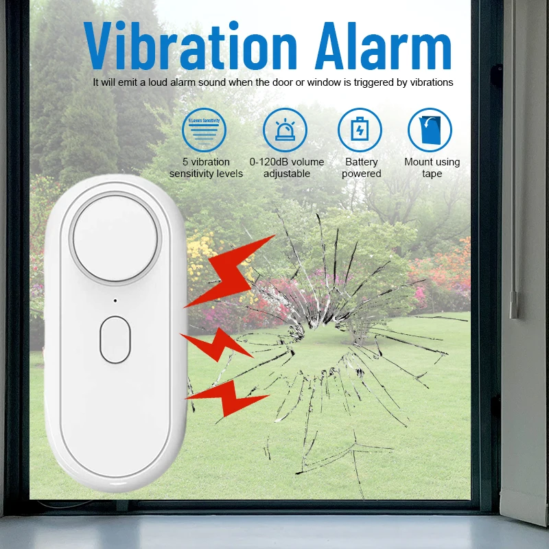 

Glass Break Window Door Vibration Alarms – 5-Level Adjustable Sensitivity-Glass Breakage & Anti-theft Security-Adjustable Volume
