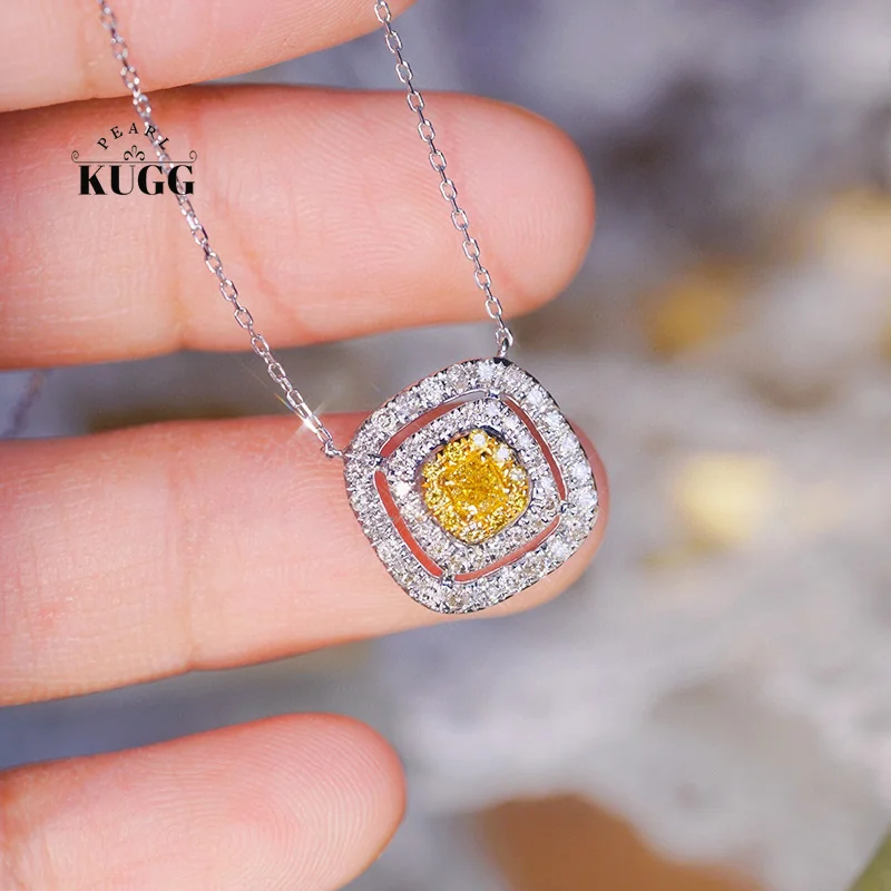 KUGG 100% 18K White Gold Necklace Fashion Cushion Shape Real Natural Yellow Diamond Pendant Necklace for Women Anniversary Gift