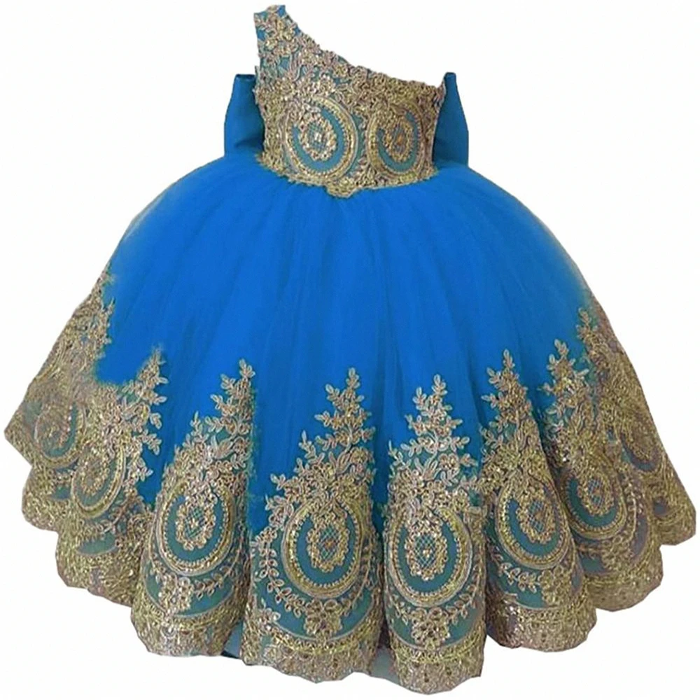 Vestido florido com renda dourada para crianças, um ombro, vestidos de concurso africano, laço de nó, tule, vestidos de primeira comunhão