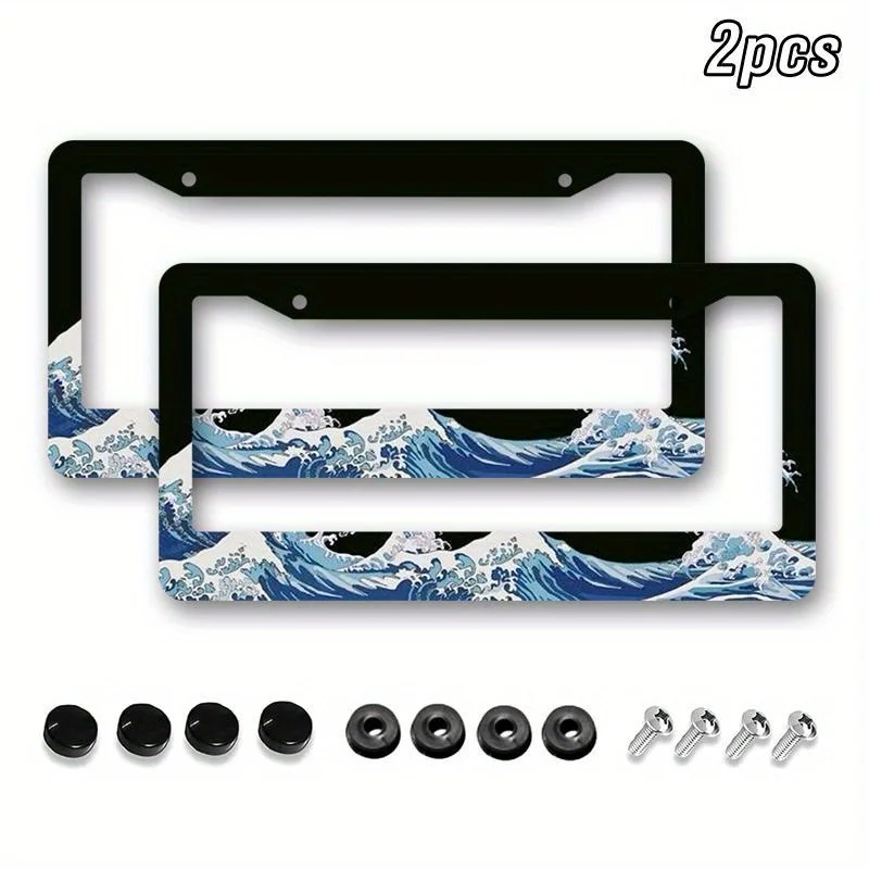 Set of 2 Stainless Steel Alloy License Plate Frames Featuring Japanese Wave Art Design Suitable for Car Plate Includes Screws - view 5