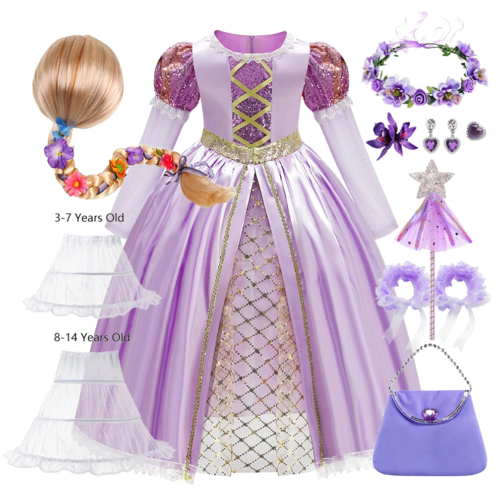 

Элегантное детское платье Рапунцель, костюм персонажа из мультфильма для девочек, праздничный наряд для фестивалей и вечеринок, размеры 2-10 лет