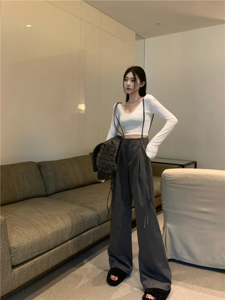 Strap Casual Pants Women's Autumn 2022 New Floor Pants High Waist Straight Trousers Slim Wide Leg Pants