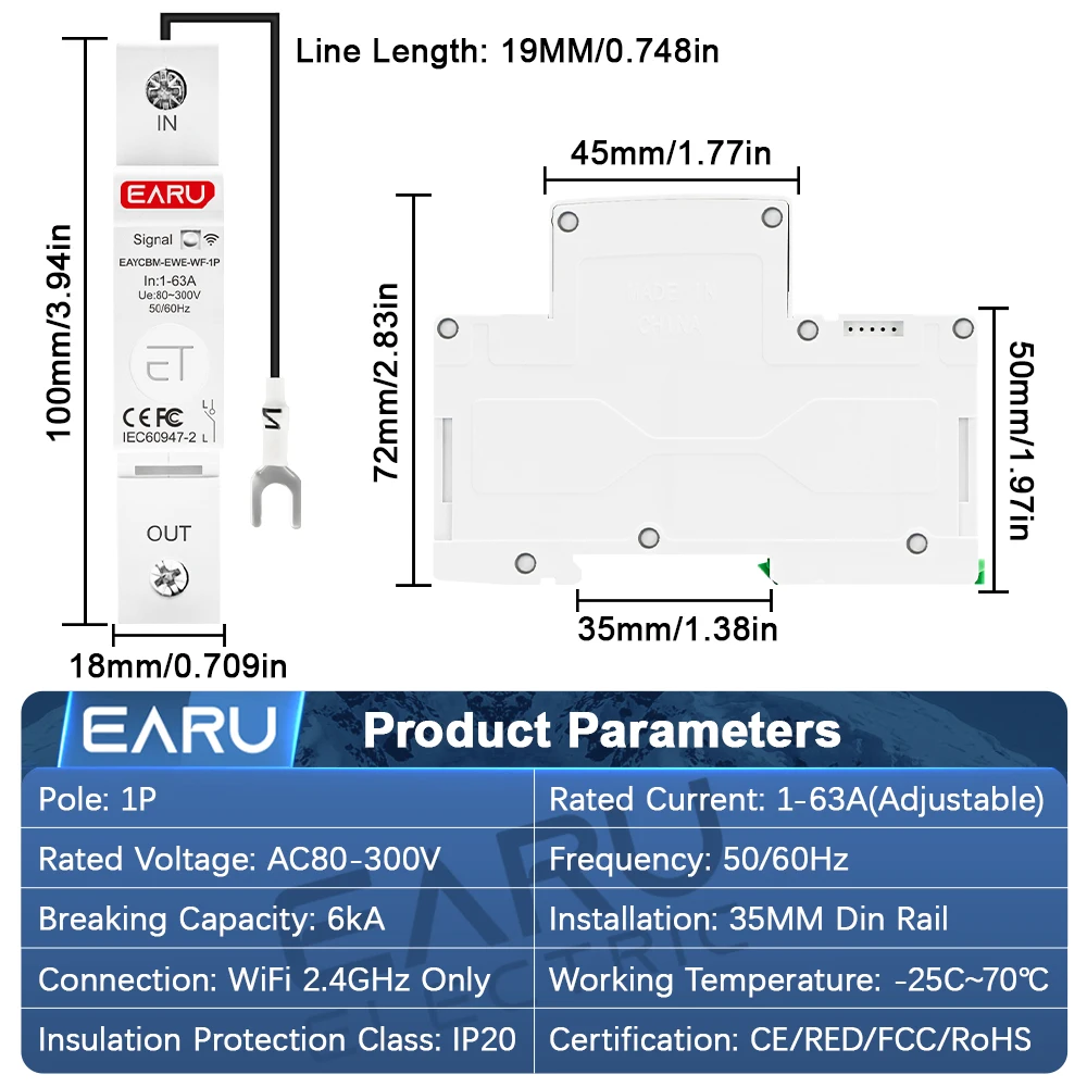 EARU 63A EWeLink App WiFi Smart MCB Circuit Breaker Current Voltage kWh Energy Meter Protector Timer Relay Switch Remote Control