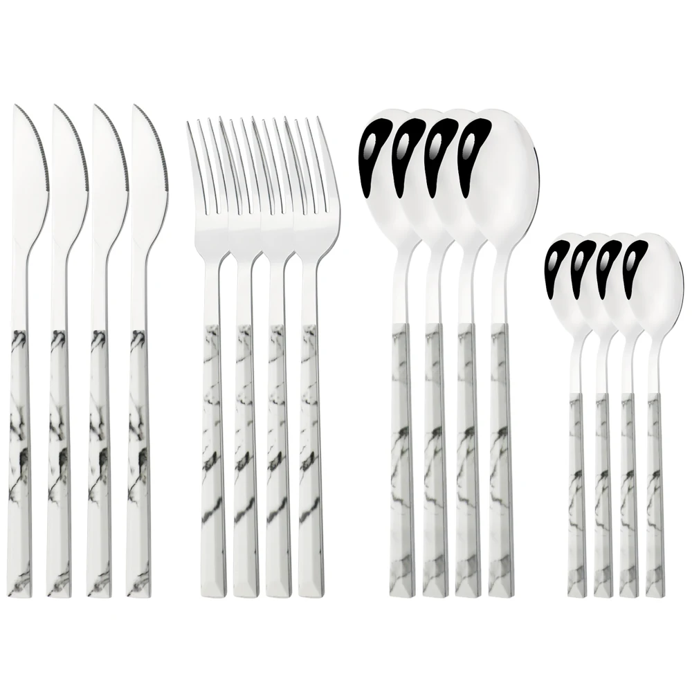 

16pcs White Stainless Steel Cutlery Set Knife Fork Spoons Silverware Imitation Wooden Handle Dinnerware Clamp Western Tableware