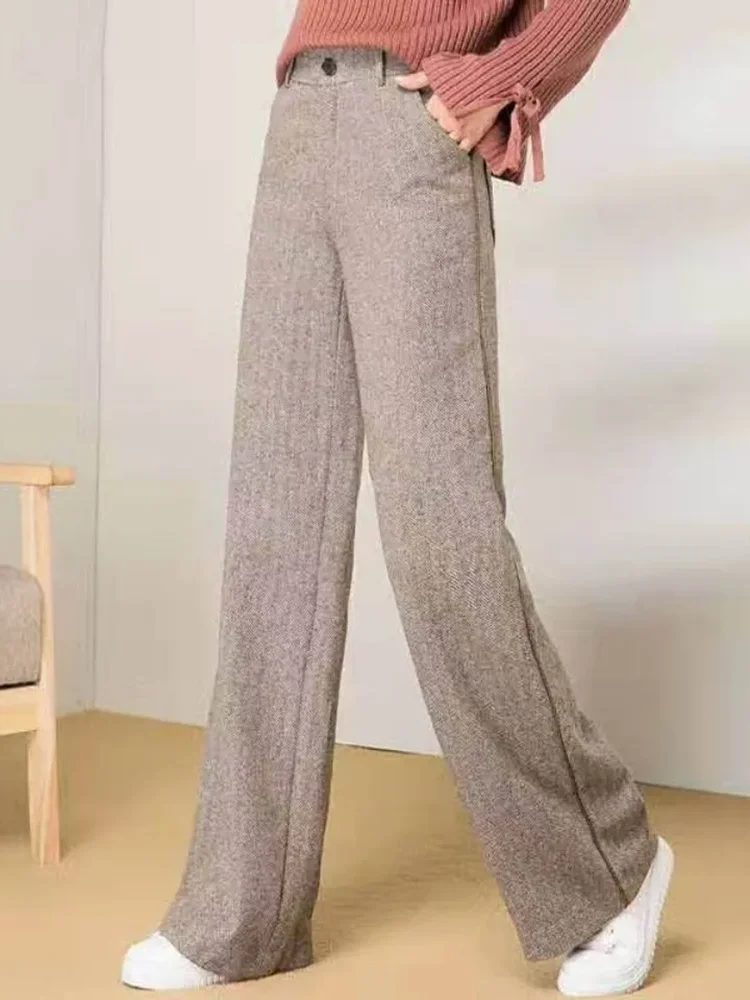 Women Casual Woolen Loose Straight Pants Korean Fashion High Waist Wide Leg Sweatpants Spring Fall Wool Blend Solid Pantalones
