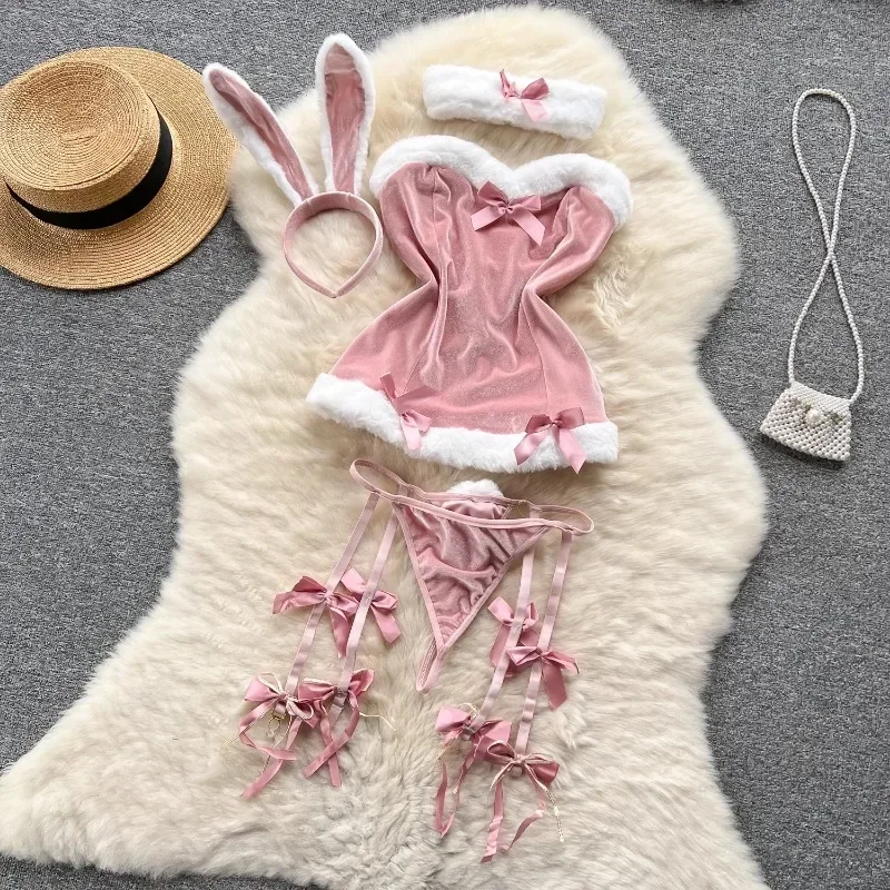 Sweet Bunny Christmas Lingerie Women Sexy Nightgowns Soft Velvet Off Shoulder Cute Rabbit Dress Lenceria Sexys Para Mujer Fina