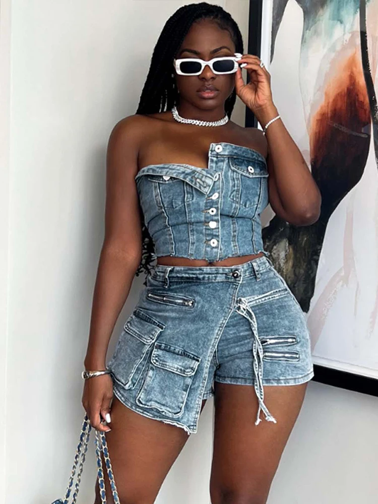 

Винтажный женский комплект из 2 предметов, хипстерская мода, элегантные топы без бретелек + шорты нестандартной формы с карманами, одинаковые уличные наряды