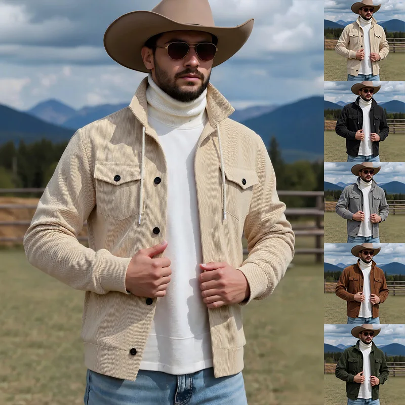 Men Solid Corduroy Jacket Stand Collar Drawstring Button Down Chest Pockets Long Sleeve Vintage Casual Daily Street Outerwear