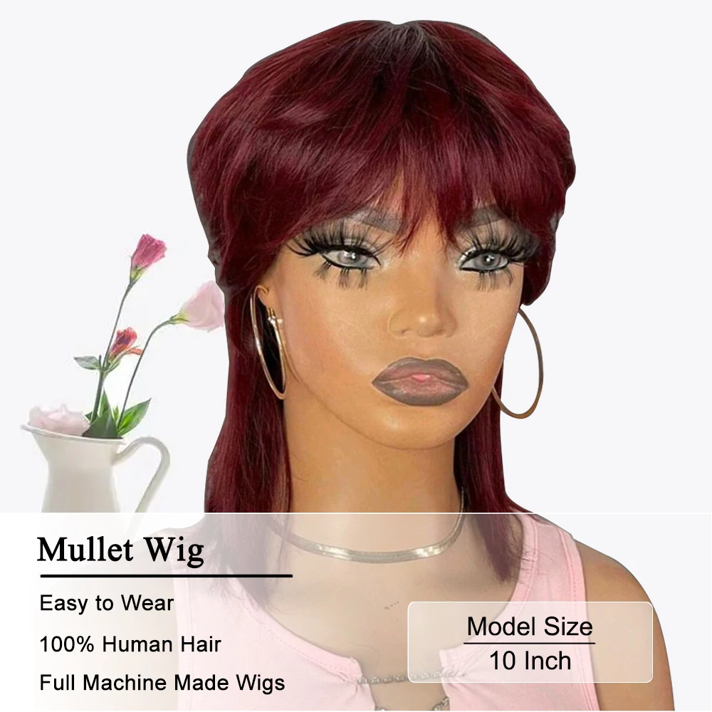 Mullet Wigs 100% Human Hair For Black Women Burgundy Color Human Hair Wig With Bangs Short Wigs Bob Cut Full Machine Made Wigs