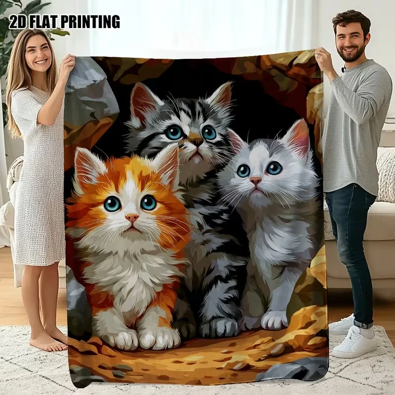 Three Cats Flannel Blanket Cute Kitten Photo Print Fleece Blanket Soft Warm Cozy Throw Blankets For Sofa Couch Bed Pet Gift