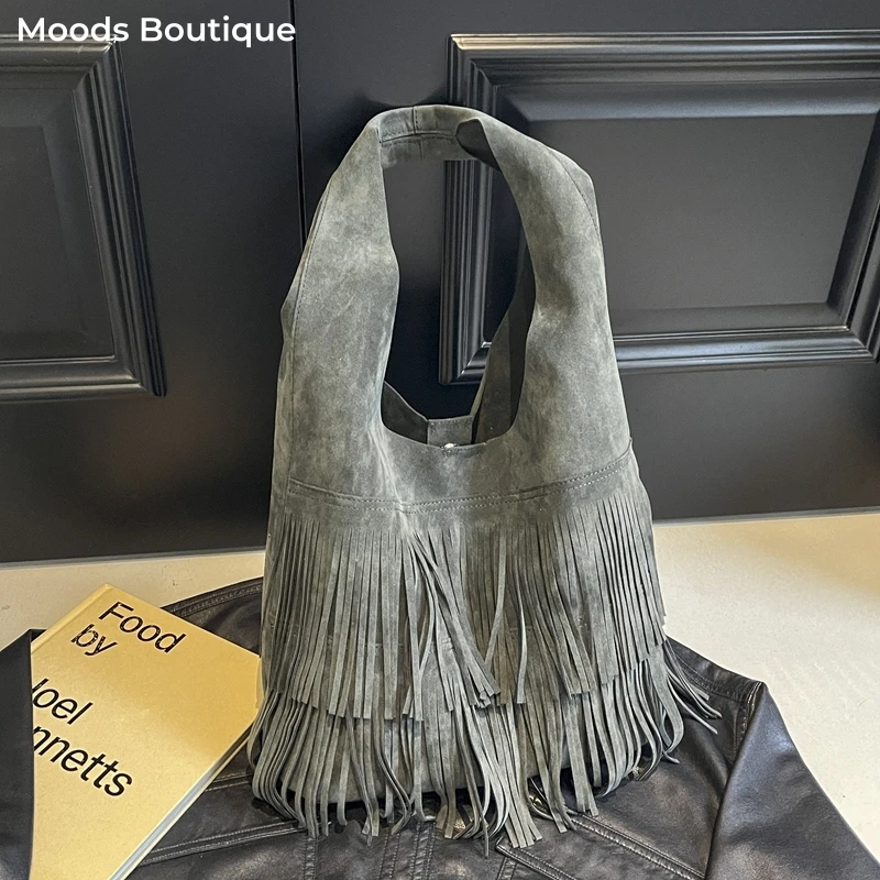 

сумка женская сумка женская большая шопер MOODS Богемный стиль, набор сумок на плечо для женщин, искусственная замша, чистый цвет, большая вместительная сумка-шоппер с кисточками, новинка 2025, сумка