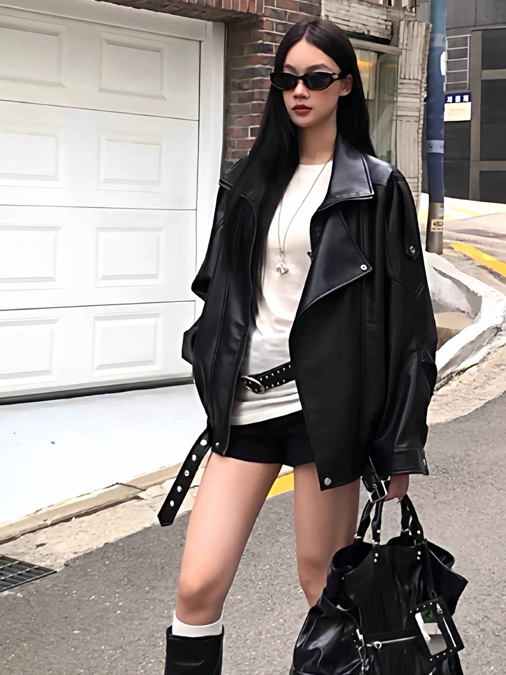 

Bla Retro Biker Jaet Women's Cool Street Sle Unique PU Leather Zipper Sve Long Collar Regular Fit Autumn New Ar...