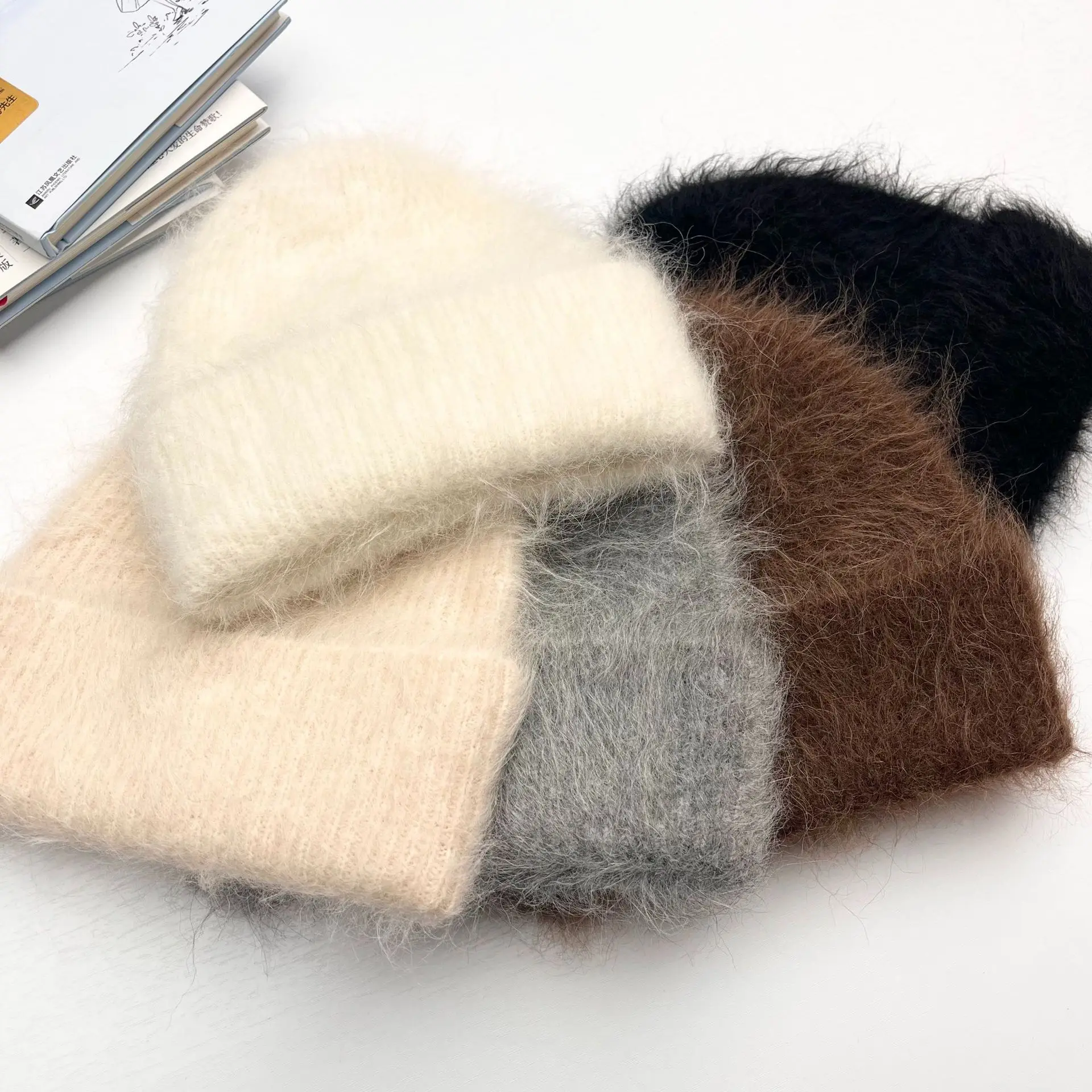 Fluffy Alpaca Wool Beanies Women Warm Knitted Hat Winter Bonnet