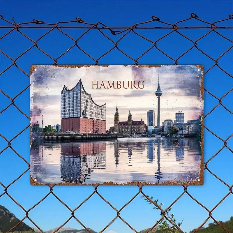 Vintage-Style Hamburg Cityscape Aluminum Wall Art Sign , Ideal Gift for Bedroom, Kitchen, Game Room, Balcony, Garden, Porch, Bar