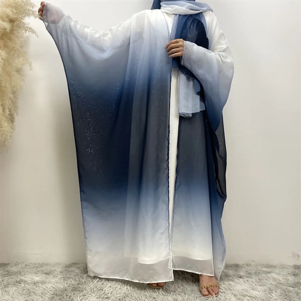 

Fashion Middle East Muslim Women Chiffon Cardigan Gradual Change Bat Cuff Headscarf Set Abaya Robe