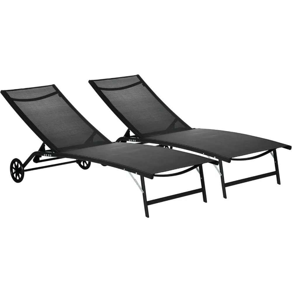 

Chaise Lounge Outdoor, 2 Piece Lounge Chair with Wheels, Tanning Chair with 5 Adjustable Positions for Patio, Beach, Yard, Pool