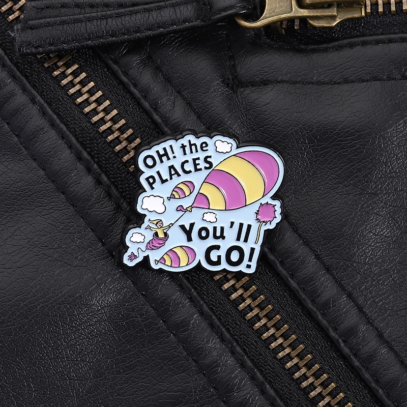 Vintage Book Quote Pin Whimsical Style Hot Air Balloon Clouds Design For Graduation Gifts Backpack Clothing Inspirational