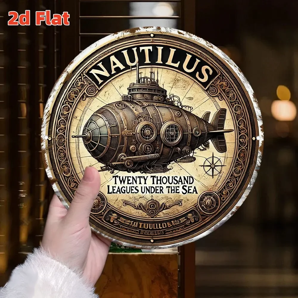 Vintage Nautilus Submarine Wall Plaque - Jules Verne's Captain Nemo Collectible Metal Sign,  Aluminum Retro Steampunk Decor