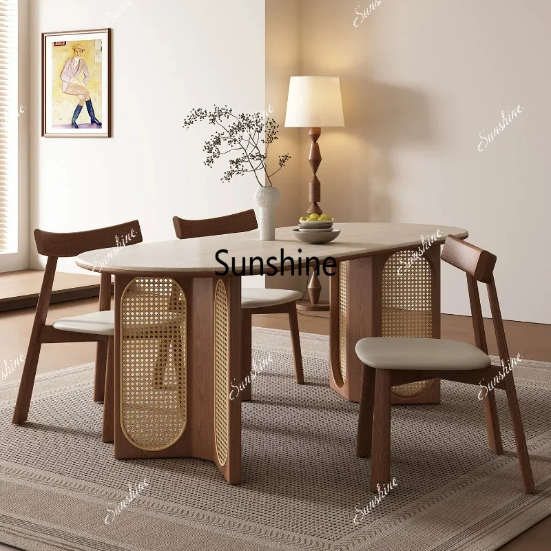 Vintage-style solid wood dining table, living room travertine stone slab rattan dining tableTJ