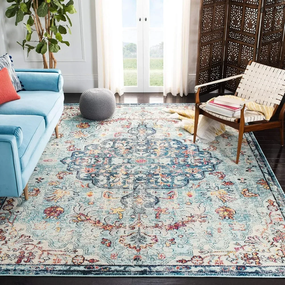 Carpet -10 'x 14', navy blue and light blue, bohemian style, non shedding and easy to care for, living room, bedroom