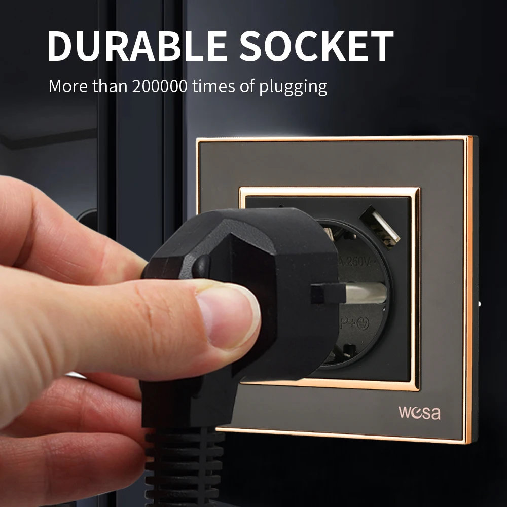 WESA Black Mirror Acrylic Power Socket With 2 USB EU Standard Electrical Outlet Standard Ground Plug Wall Socket Flame Retardant