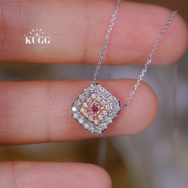 

KUGG 18K White Gold Necklace Fashion Square Design Real Natural Pink Diamond Pendant Necklace for Women High Anniversary Gift