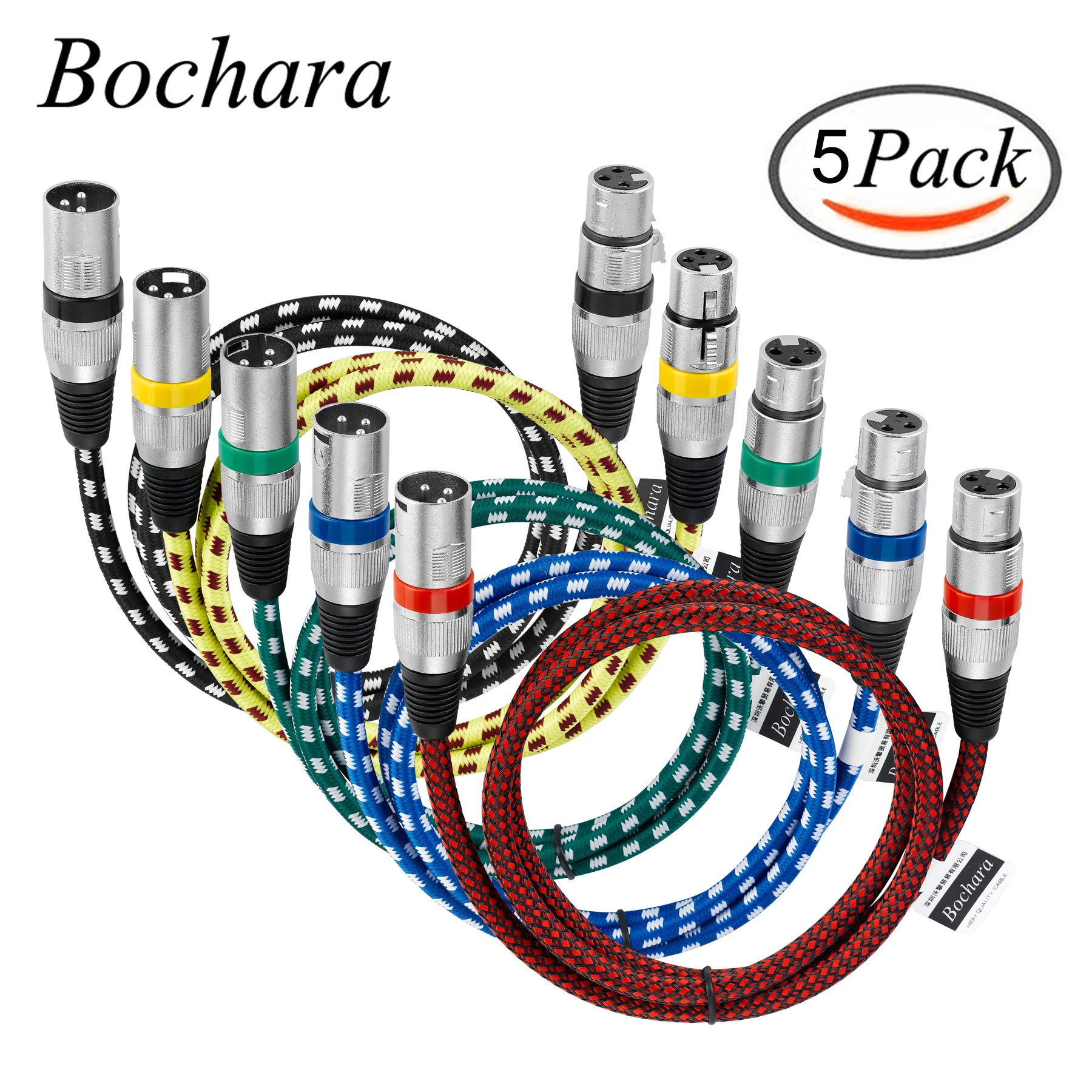 Bochara  Colour Braided XLR Cable Male to Female 3Pin jack OFC Copper Foil+Braided Shielded  For Mic Mixer 5Pack