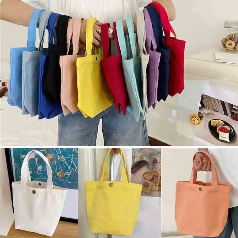 Simple Canvas Bag Women Shoulder Bags Foldable Picnic Pouch Small Tote Black Shopper Large Capacity Student Lunch Box