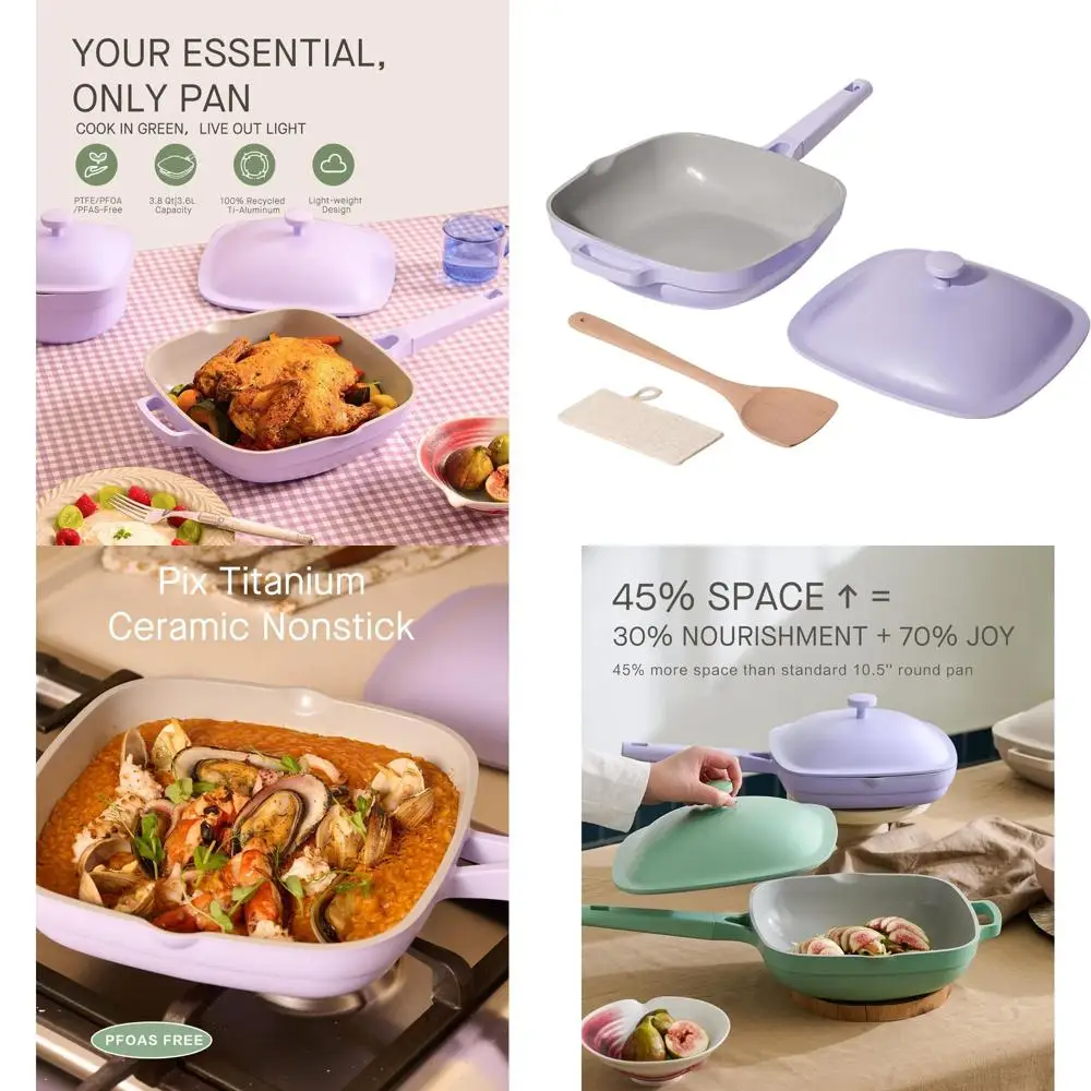 

10.5 3.8QT Ti-Ceramic Nonstick Deep Sauté Pan with Lid, Wooden Spatula & Scrubber - Dusk Petal