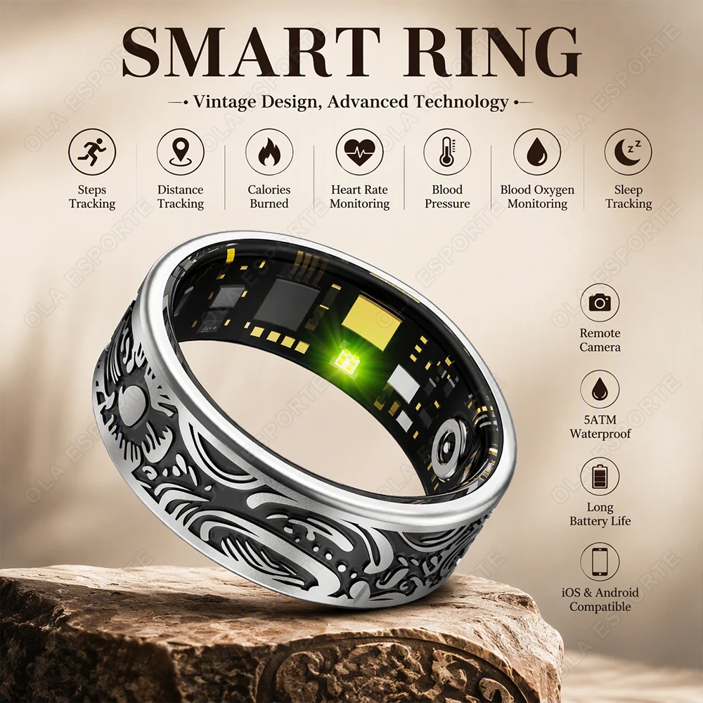 New Retro Smart Ring 5ATM Waterproof Heart Rate SpO2 Monitoring Multiple Sports Modes Pedometer Smart Ring Health Tracker R12