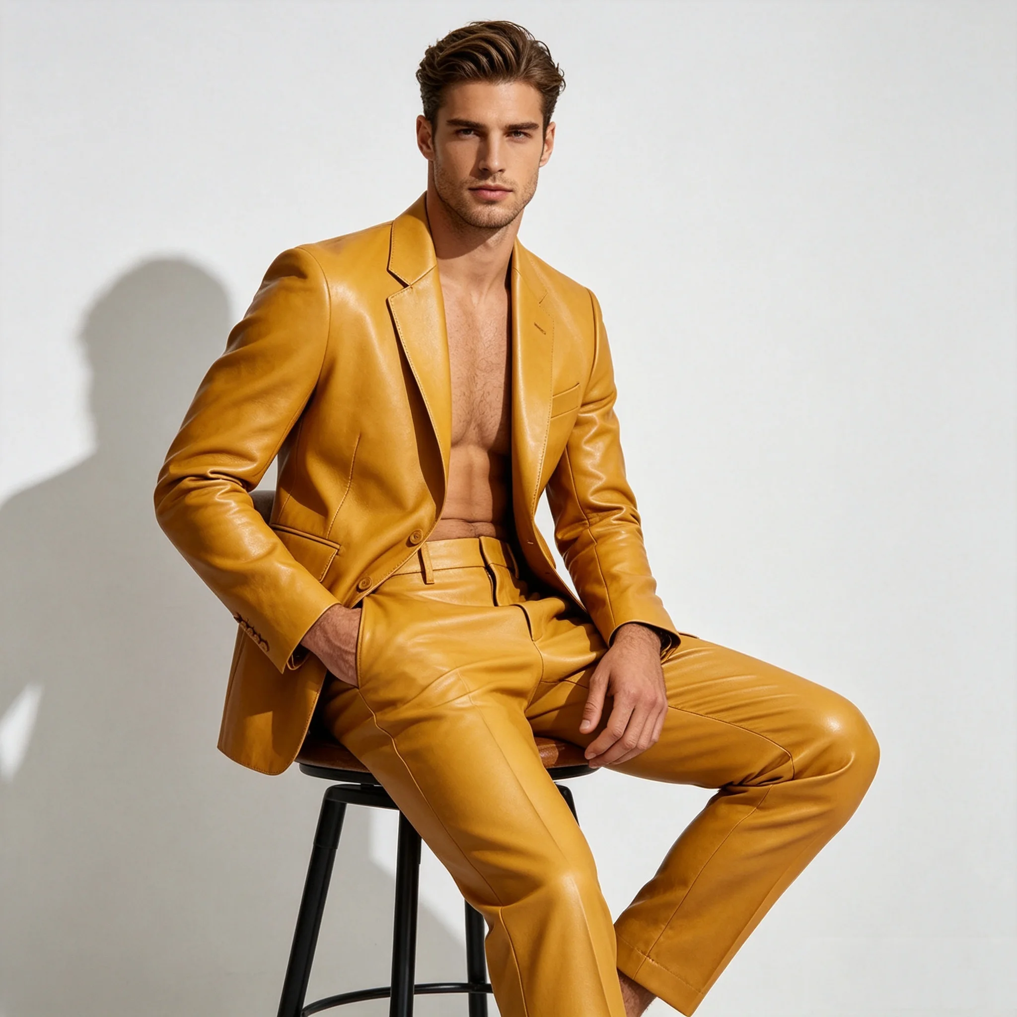

Yellow PU Leather Men Suit Set 2 Piece Blazer+Pants Prom Wedding Tuxedos Coat Customized Formal Office Fashion Groom Jacket