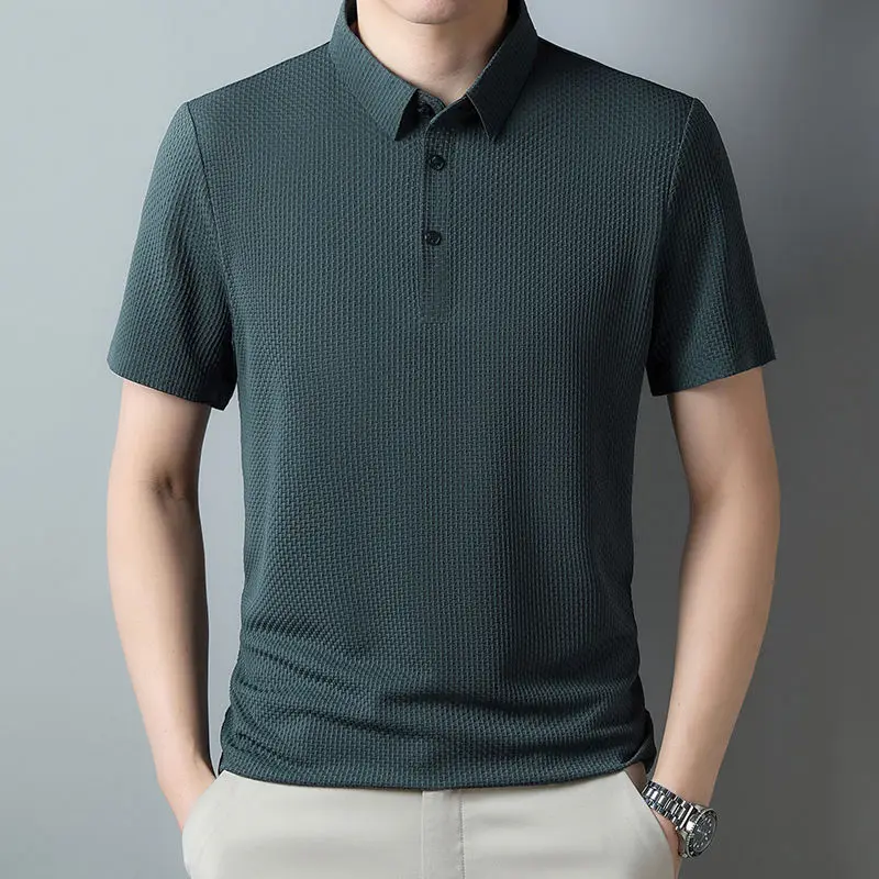 2024 Summer Thin Ice Silk Cool Men\'s Polo Shirt Solid Lapel Button Patchwork Smart Casual Elastic Breathable Short Sleeved Top