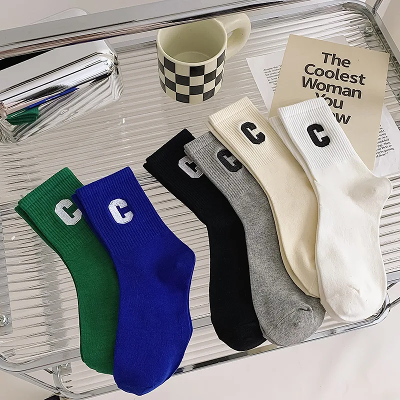 1pair Trendy Celebrity Popular Socks Female Letter C Korean Socks Ins Trend Medium Tube Socks Spring/Summer Women's Hosiery