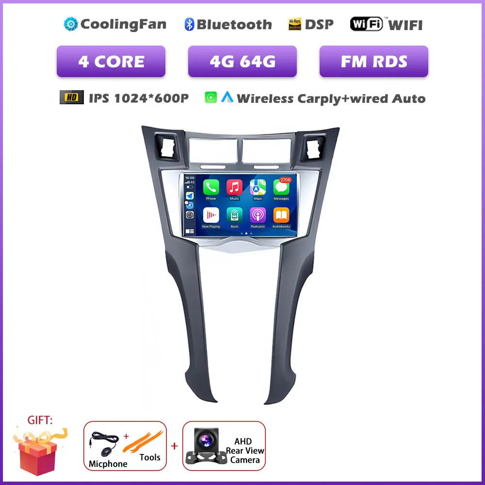 7 inch autoradio voor Toyota Yaris 2005-2011 met Carplay, Android 16, navigatie, GPS, multimedia, videospeler en Bluetooth.